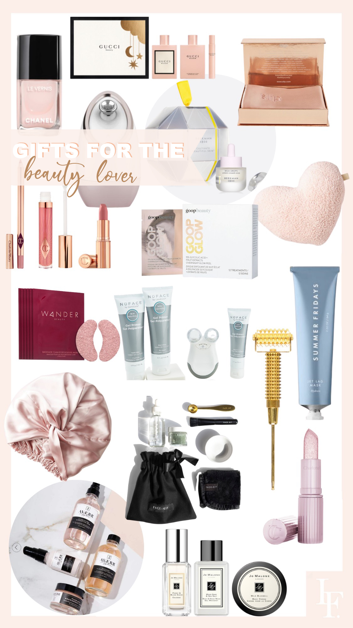 2020 Gift Guide for the beauty lover, featured by San Francisco fashion blogger Lombard and Fifth. Beauty gift ideas like Nuface device, silk face mask, Charlotte Tilbury make up.