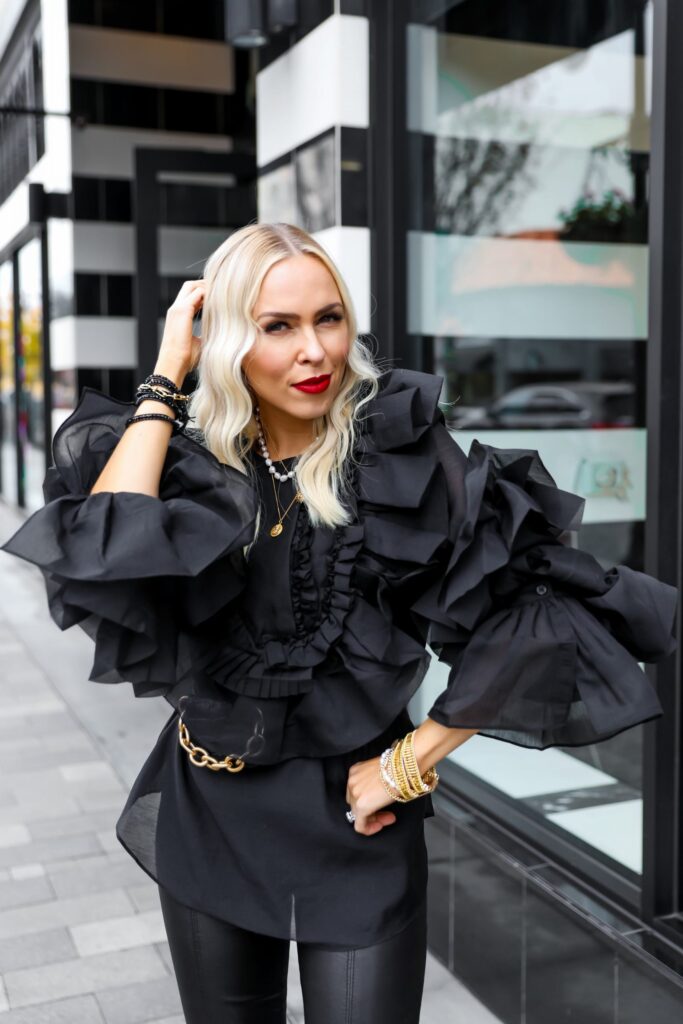 Victoria Emerson bracelet BOGO sale, styled in monochromatic black and teal wearing H&M studio collaboration ruffle top. Featured by San Francisco fashion blogger Lombard & Fifth.
