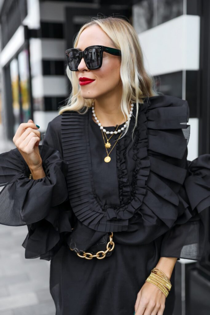 Victoria Emerson bracelet BOGO sale, styled in monochromatic black and teal wearing H&M studio collaboration ruffle top. Featured by San Francisco fashion blogger Lombard & Fifth.