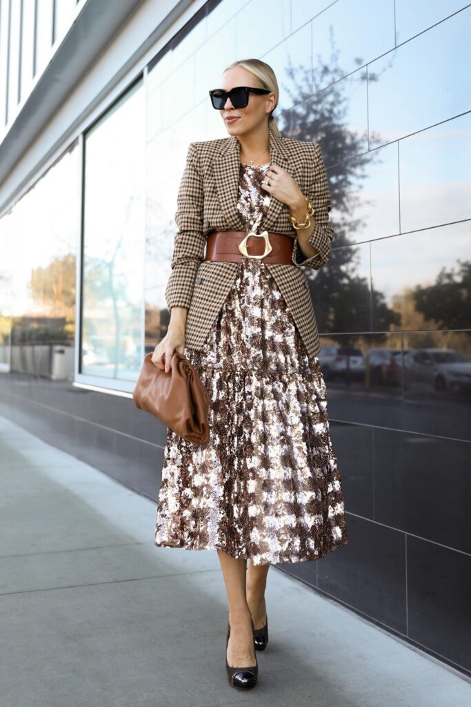How to style your sequin pieces after the holidays, by San Francisco fashion blogger Lombard & Fifth. Anthropologie Bernadette Sequined midi dress.