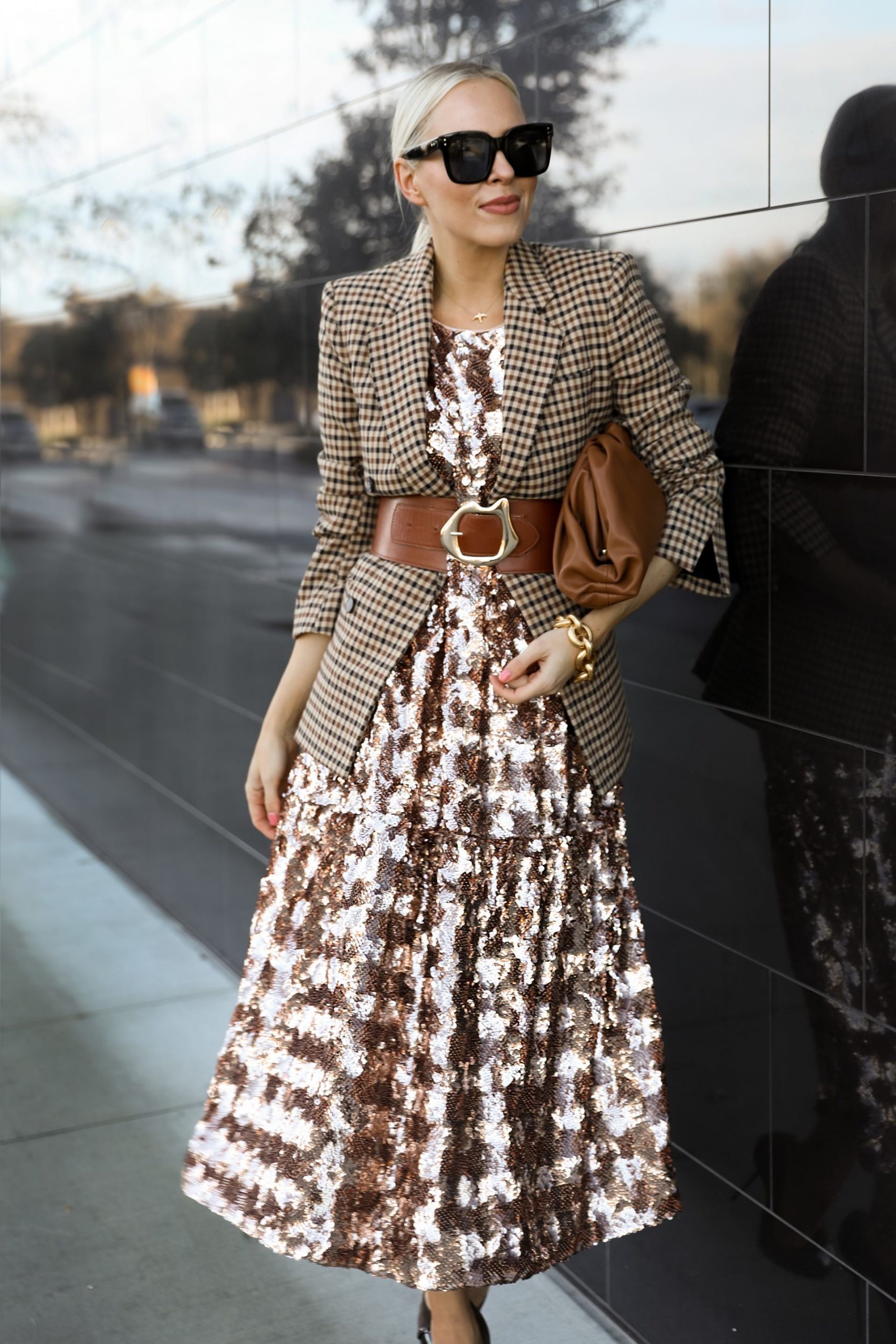 How to style your sequin pieces after the holidays, by San Francisco fashion blogger Lombard & Fifth. Anthropologie Bernadette Sequined midi dress.