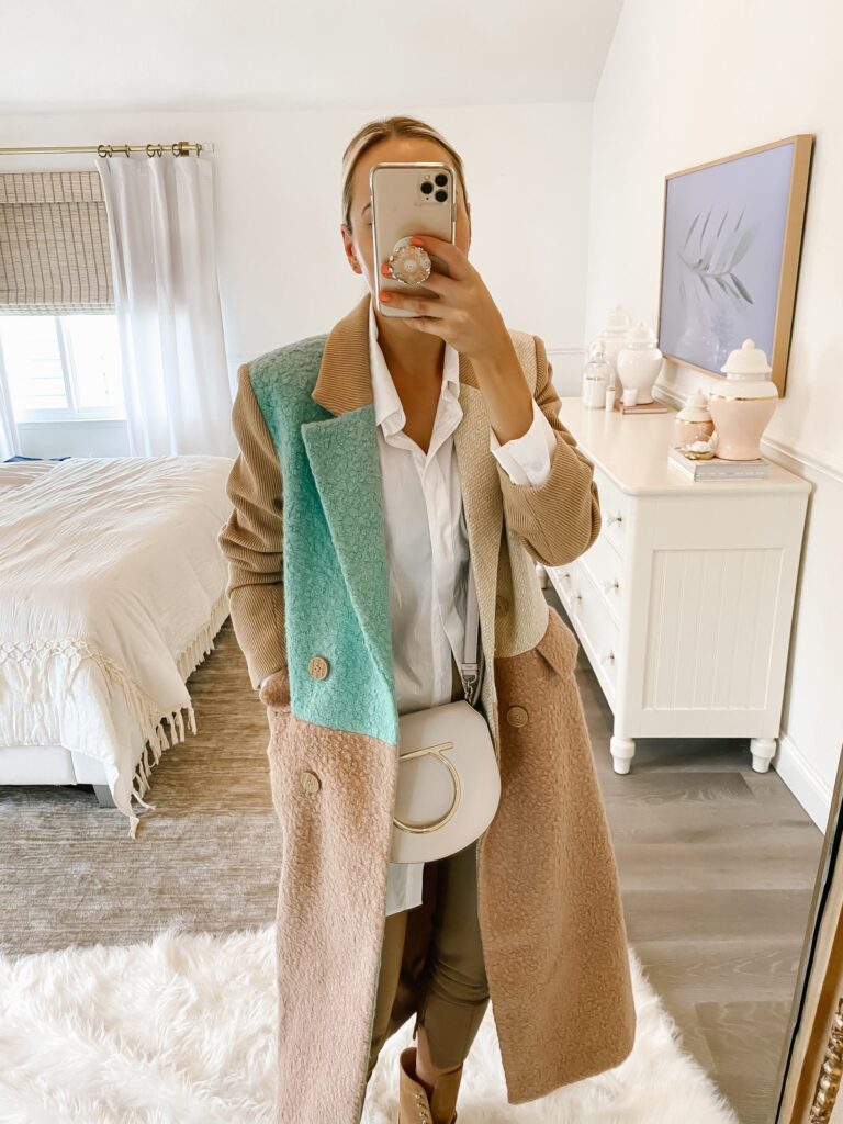 How to style casual chic layers and leggings for winter, by fashion blogger Lombard & Fifth. Express Sherpa white coat, commando leather leggings, Anine Bing sweatshirt, camel coat.