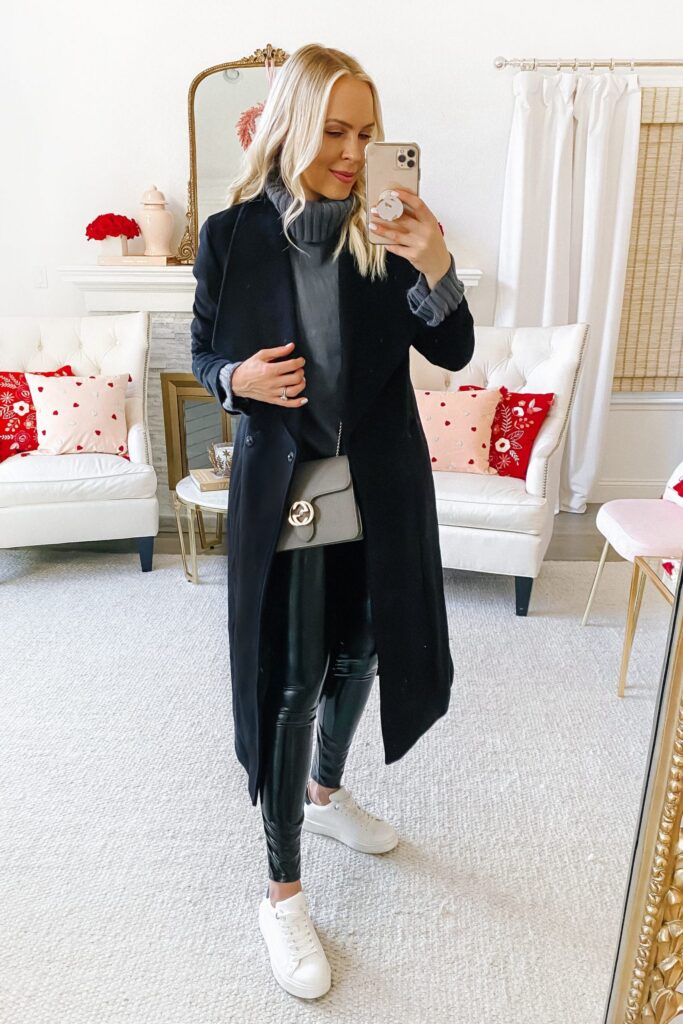 How to style affordable faux leather leggings for winter, by Lombard & Fifth Veronica Levy.
