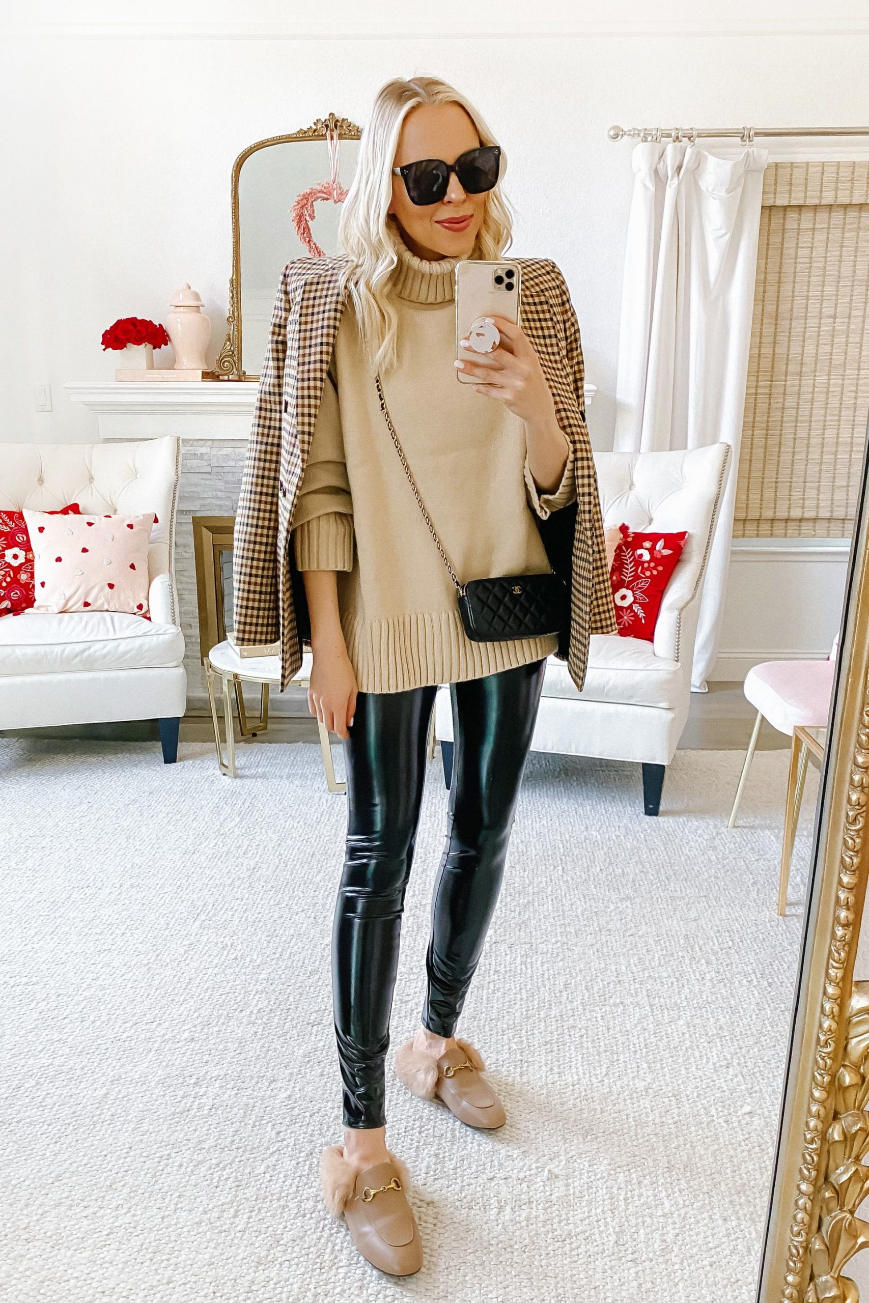How to style affordable faux leather leggings for winter, by Lombard & Fifth Veronica Levy.