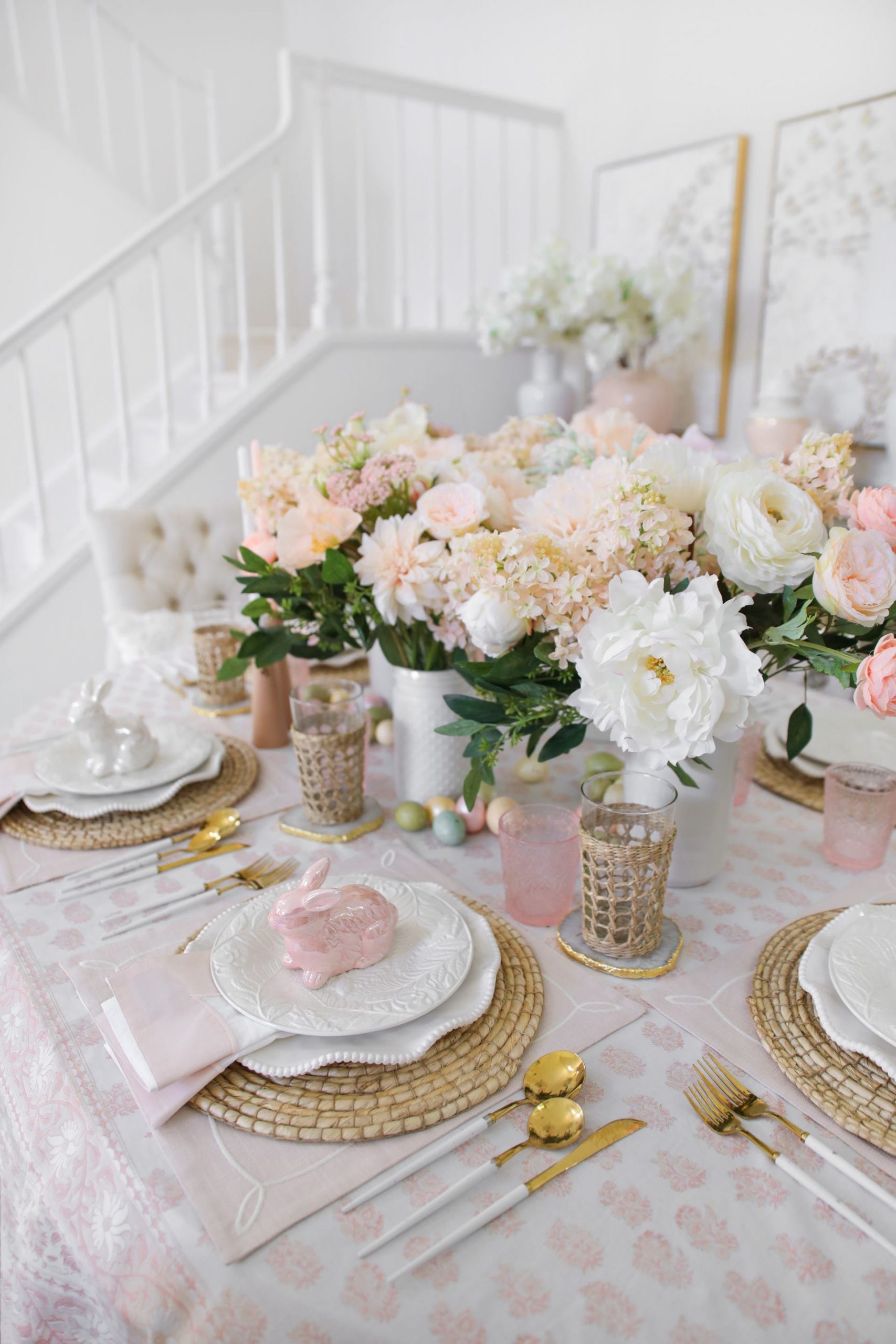 Blush pastel Easter table scape styling ideas, by Lombard & Fifth blogger Veronica Levy.