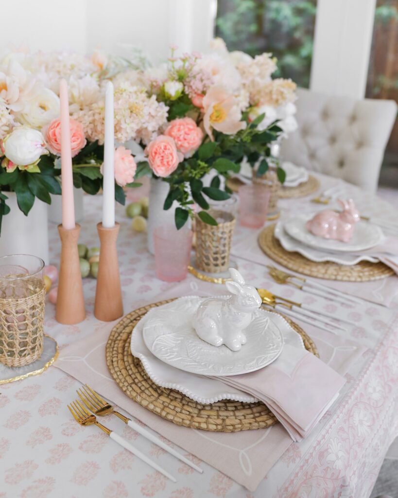 Blush pastel Easter table scape styling ideas, by Lombard & Fifth blogger Veronica Levy.