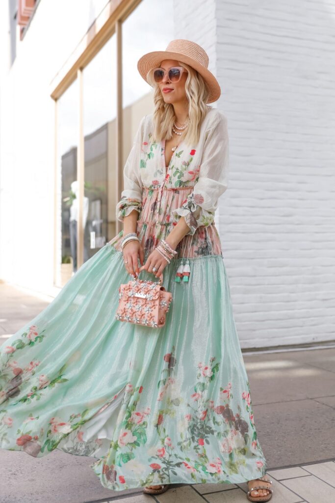 Easter style Rococo Sand pastel maxi dress with Victoria Emerson sale jewelry, by Lombard & Fifth Veronica Levy.