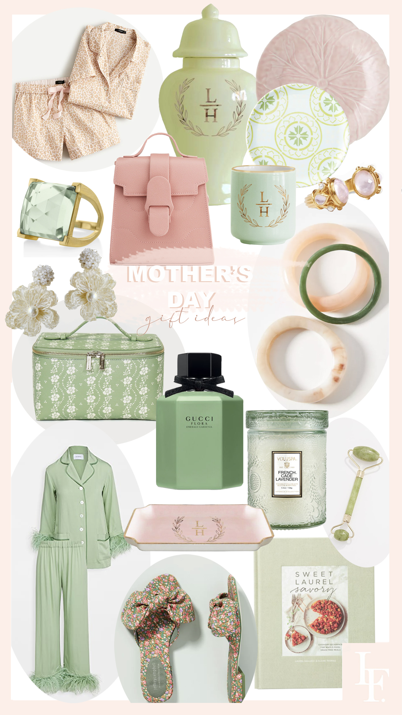 Last minute Mother’s Day gift ideas for 2021, by Lombard & Fifth Veronica Levy. Green and blush mood board.