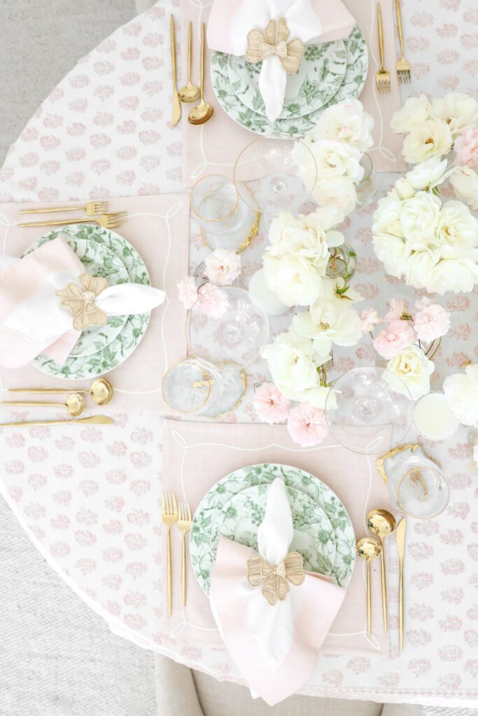 Pink and green table top style inspiration for spring and summer by Lombard & Fifth, Veronica Levy.