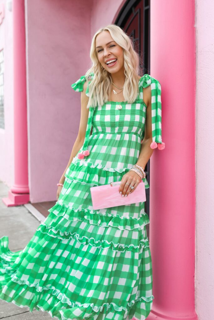 Save vs. splurge gingham favorites from greens to blush pastels style inspiration, by Lombard & Fifth Veronica Levy.