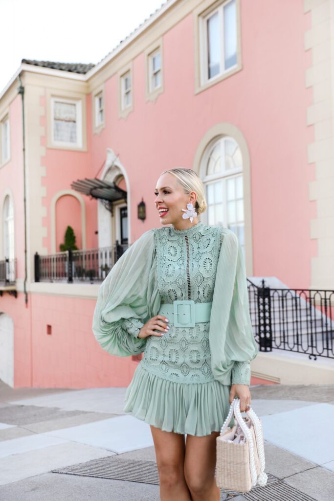 Green lace sage mini dress from ASOS, by a pink house in San Francisco, by Lombard & Fifth Veronica Levy.