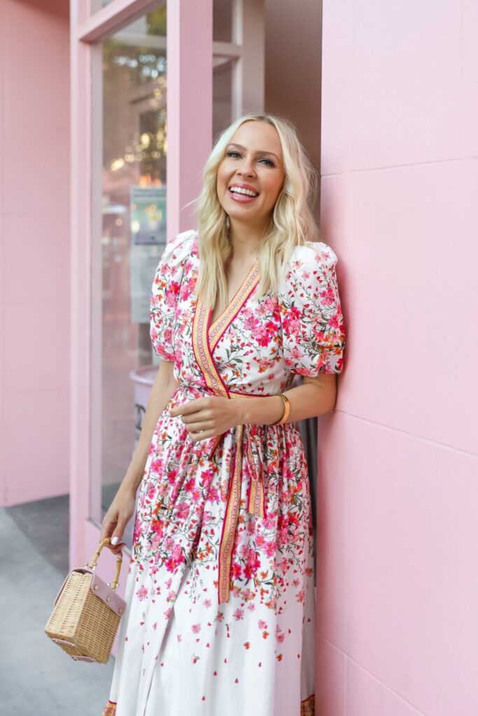 Summer floral maxi dresses from Dillard’s, Antonio Melani by pink wall in San Francisco, by Lombard & Fifth.