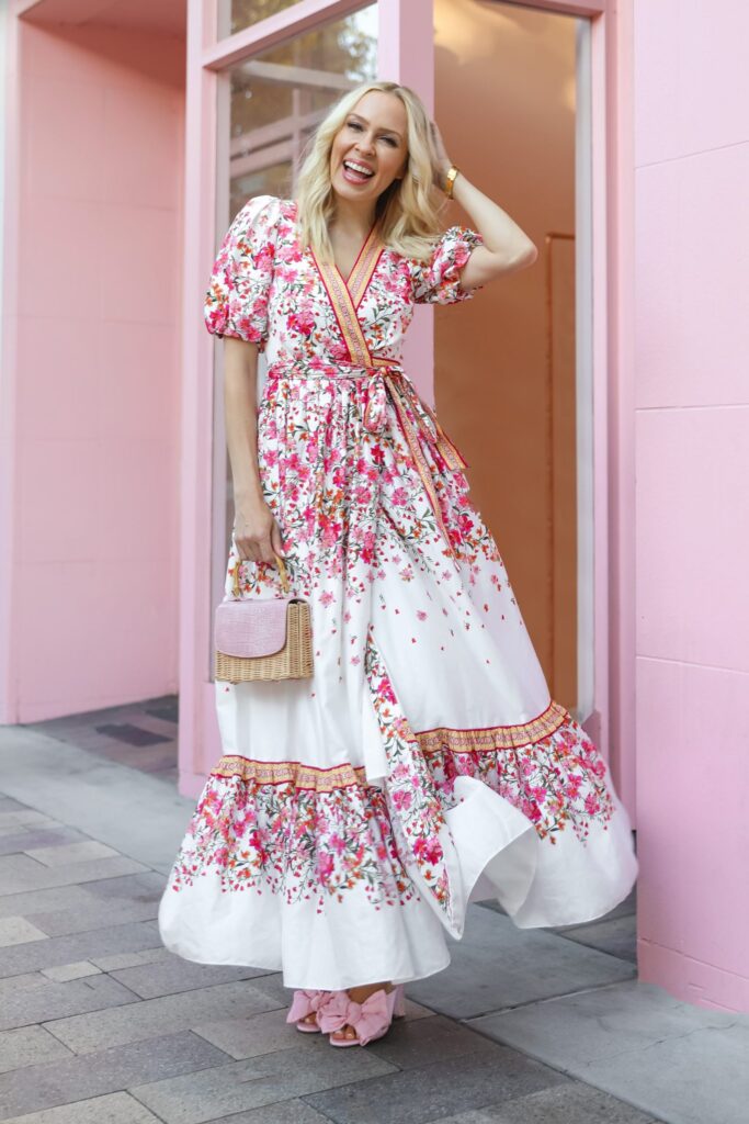 Summer floral maxi dresses from Dillard’s, Antonio Melani by pink wall in San Francisco, by Lombard & Fifth.