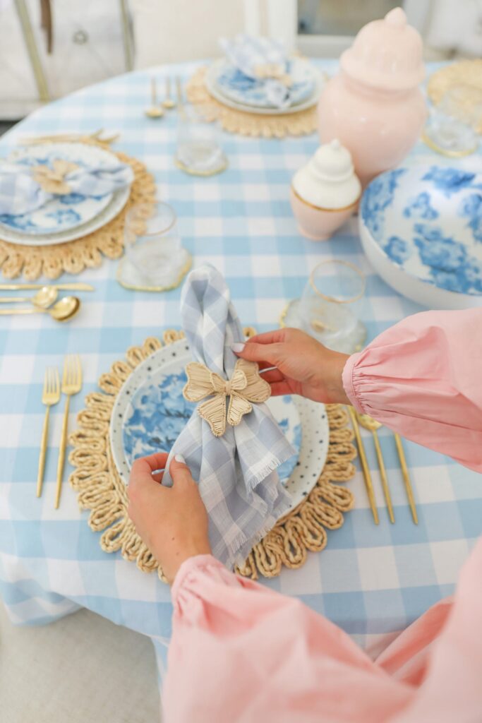 Blue and white table scape from Rachel Parcell summer home collection, by Lombard & Fifth Veronica Levy.