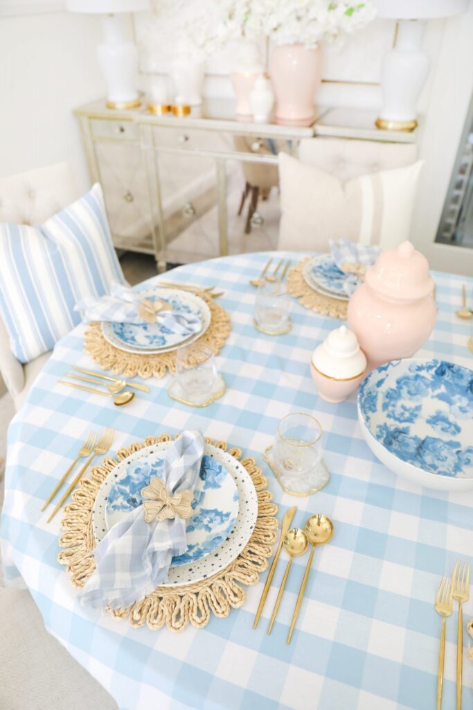 Blue and white table scape from Rachel Parcell summer home collection, by Lombard & Fifth Veronica Levy.