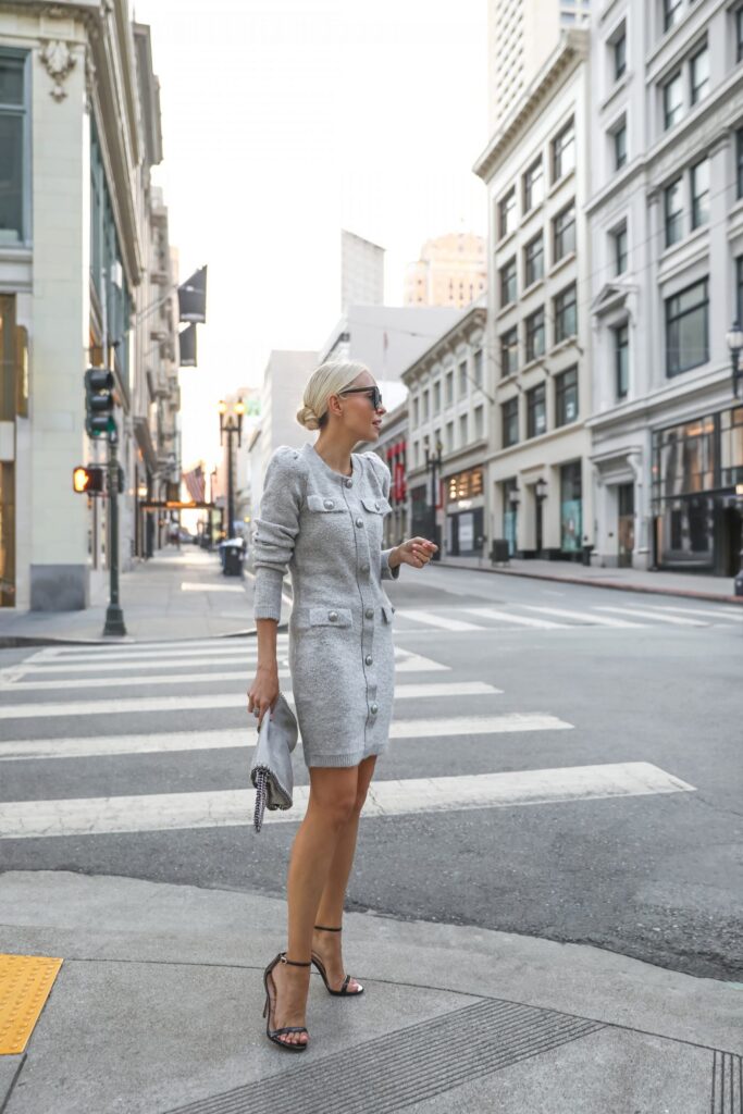Fall style inspiration, featuring button front sweater dress from Express in grey and more favorites. By Veronica Levy, Lombard & Fifth.