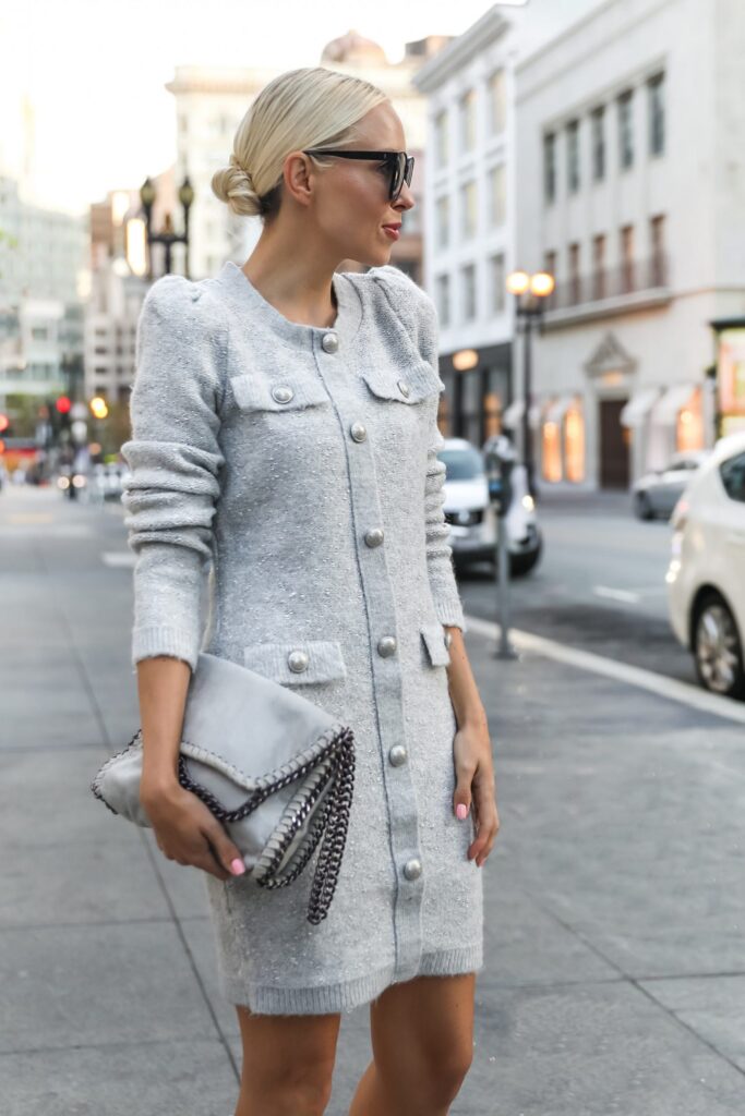Fall style inspiration, featuring button front sweater dress from Express in grey and more favorites. By Veronica Levy, Lombard & Fifth.
