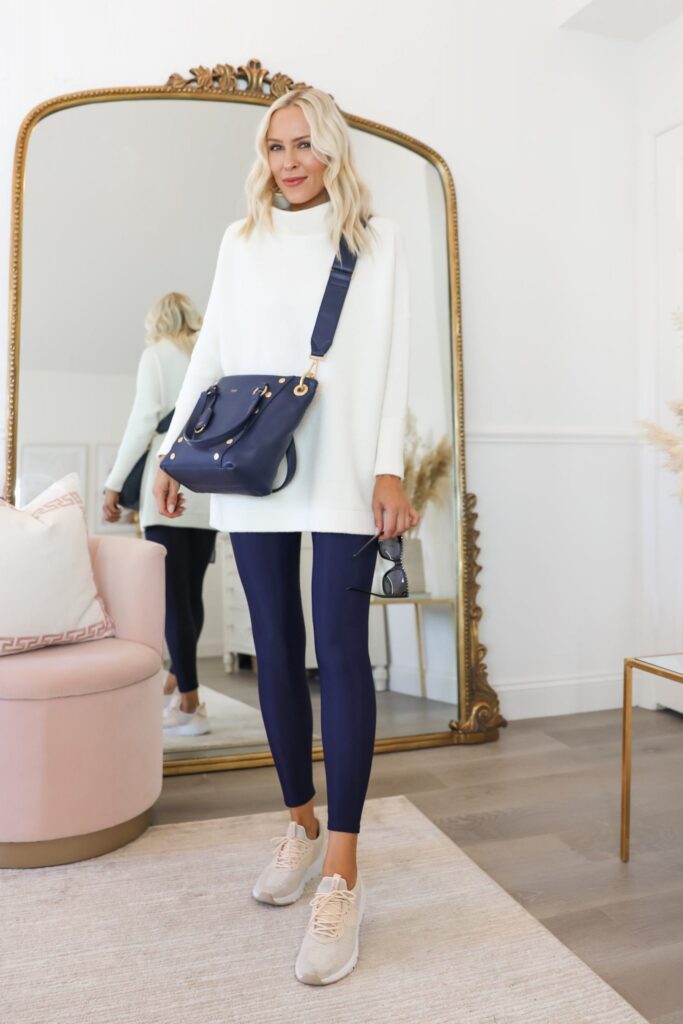 Fall style inspiration, sharing Hammitt navy tote styled 5 different ways from casual activewear to workwear. By Lombard & Fifth, Veronica Levy.