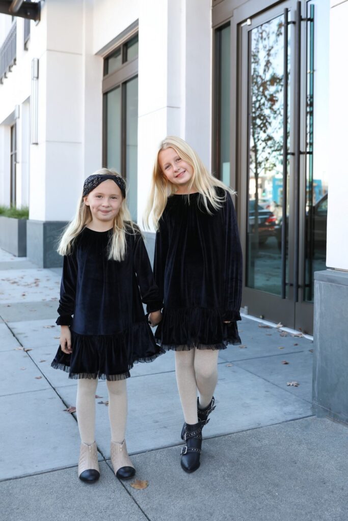 Veronica Beard classic black blazer with tween dickey, and girls Rachel Parcell black velvet dresses, holiday style. By Lombard & Fifth, Veronica Levy.