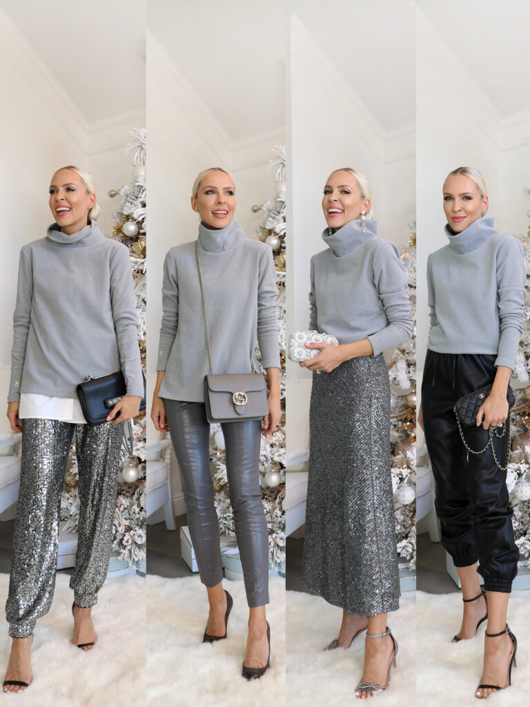 Cozy glam holiday and new year’s style ideas, with Dudley Stephens luxe fleece turtlenecks. By Lombard & Fifth, Veronica Levy.