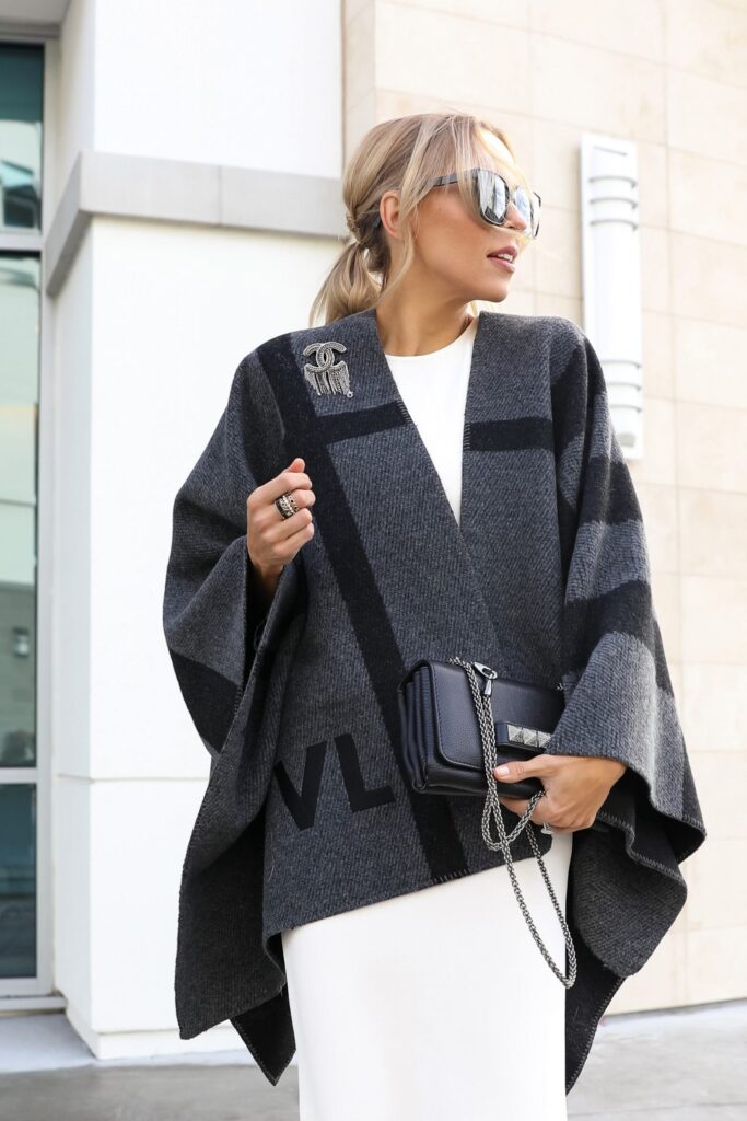 Lily & Bean New Personalised Poncho Grey Check Plaid, monogrammed styled five ways for chic winter style. By Lombard & Fifth, Veronica Levy.