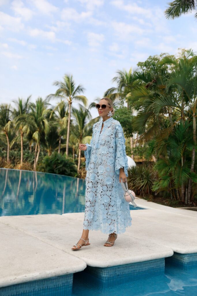 Resort style inspiration La Vie Style House Guipure-lace kaftan blue and what to wear on tropical location. By Veronica Levy Lombard & Fifth.