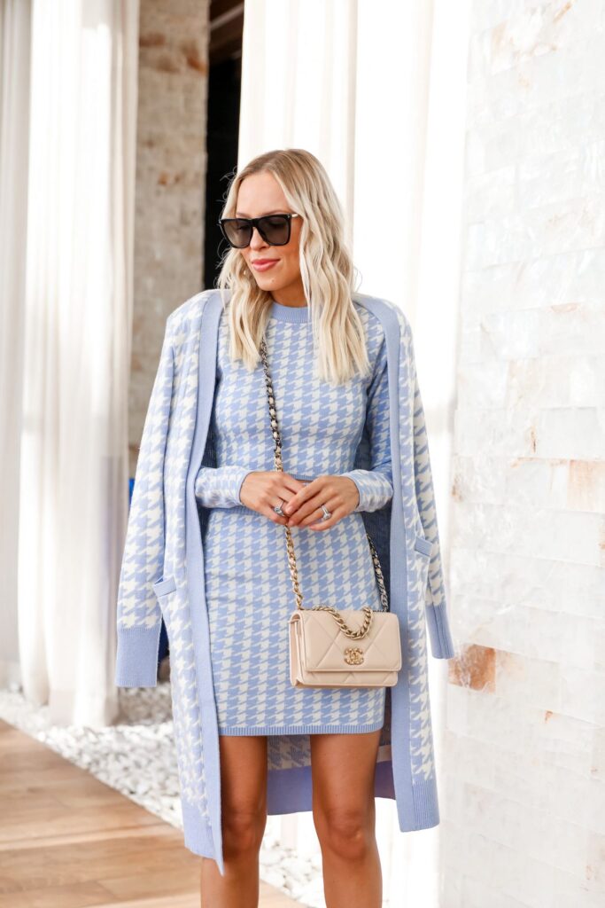 Express new trend pantone 2022 color trend favorites winter style. Very peri, houndstooth print style inspiration, by Lombard & Fifth, Veronica Levy.