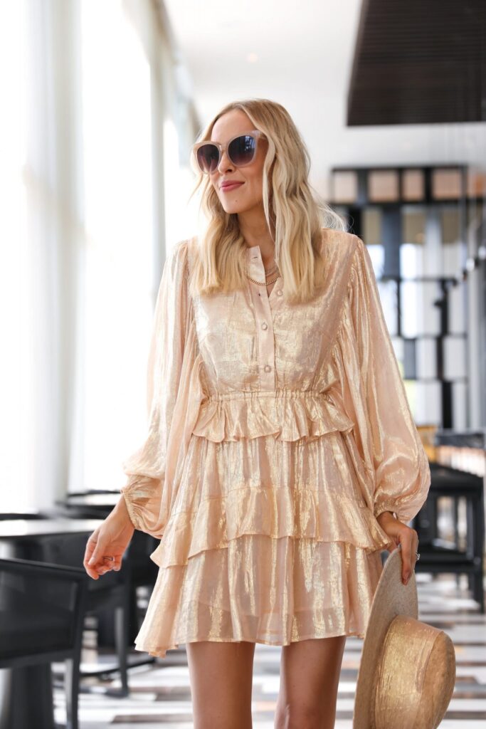 Shopbop gold mini dress, resort style inspiration for spring. By Veronica Levy, Lombard & Fifth.