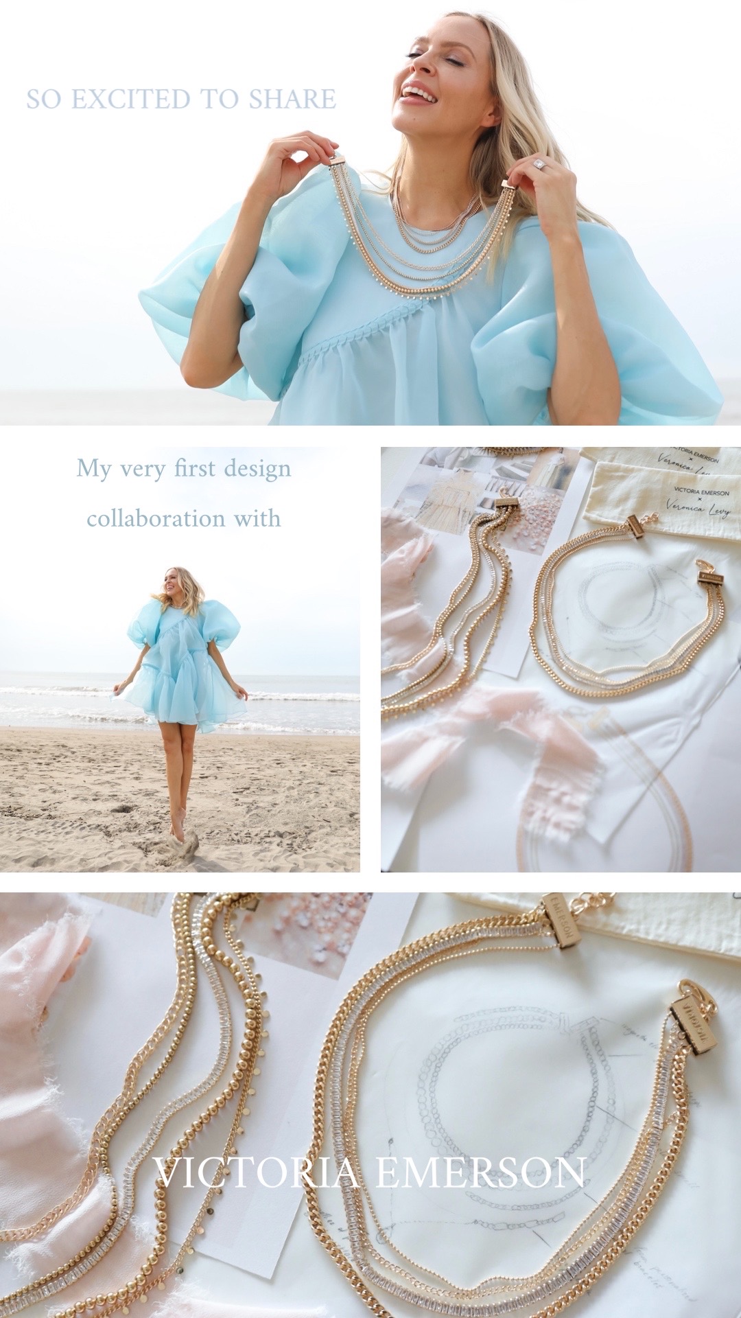 Victoria Emerson necklace collection by Veronica Levy, Lombard & Fifth. Aje light blue dress on the beach, gold jewelry style inspiration.