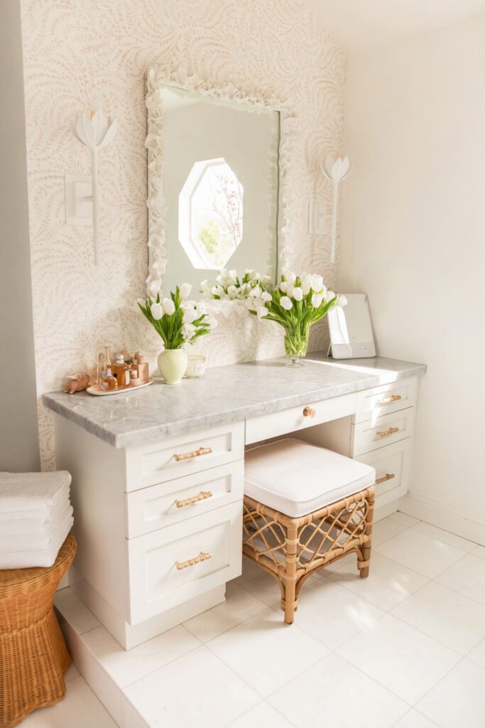 Bathroom vanity design décor update, with Serena & Lily priano pink wallpaper, rattan stool, white flower wall sconces and anthropologie zita drawer handles. By Veronica Levy, Lombard & Fifth.