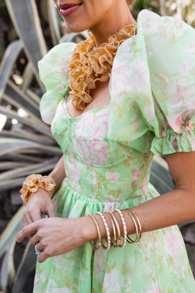 Selkie Ritz green maxi dress for spring, and pastel spring style inspiration. By Lombard & Fifth, Veronica Levy.