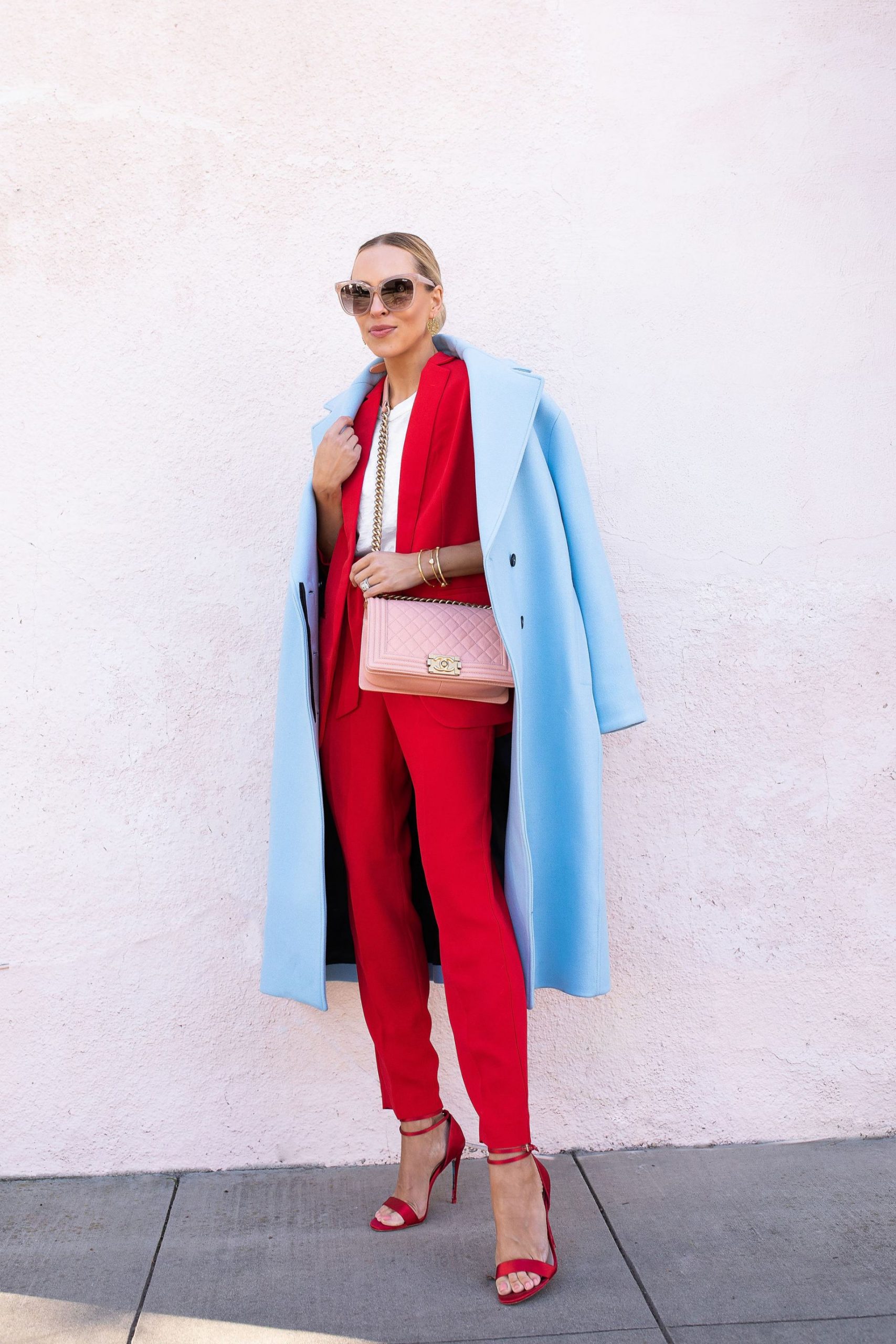 Red Express blazer trousers suit with Zara blue coat, layers for winter. By Lombard & Fifth, Veronica Levy.