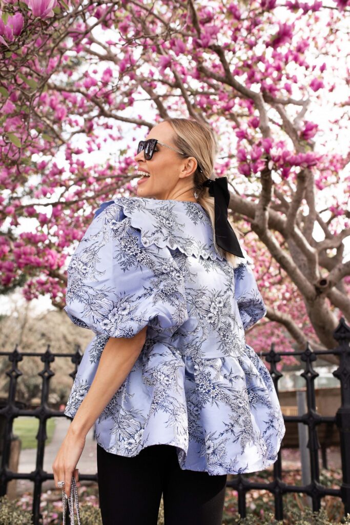ASOS edition smock top with collar in blue floral jacquard, and more puff sleeve top inspiration for spring. By Lombard & Fifth, Veronica Levy.