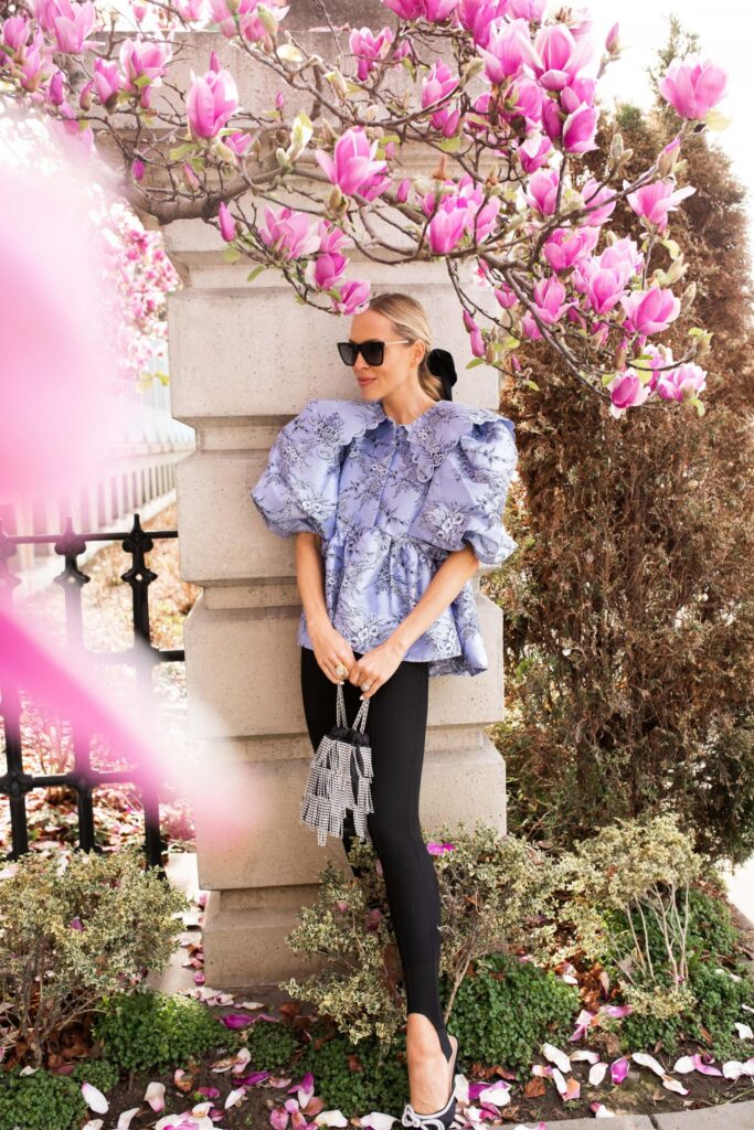 ASOS edition smock top with collar in blue floral jacquard, and more puff sleeve top inspiration for spring. By Lombard & Fifth, Veronica Levy.