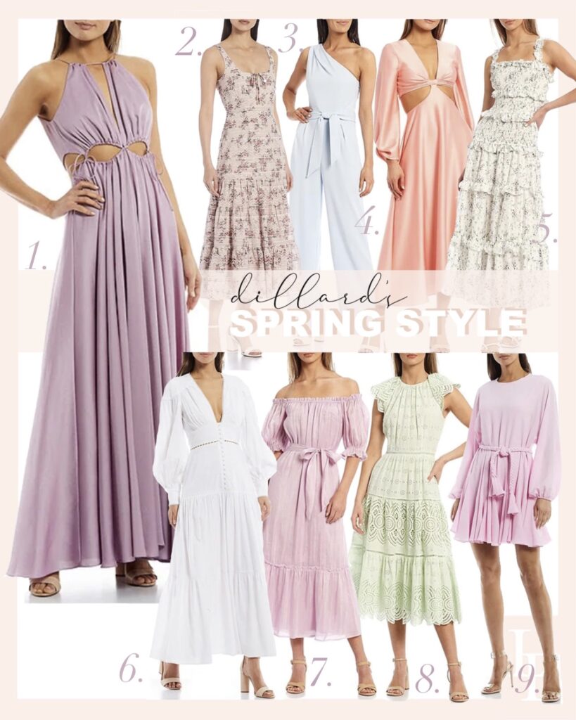 Dillard’s Naomi Sleeveless Halter Neck Side Cut out maxi dress in lilac and more spring dress style inspiration under $200. Wedding guest style, by Veronica Levy Lombard & Fifth.