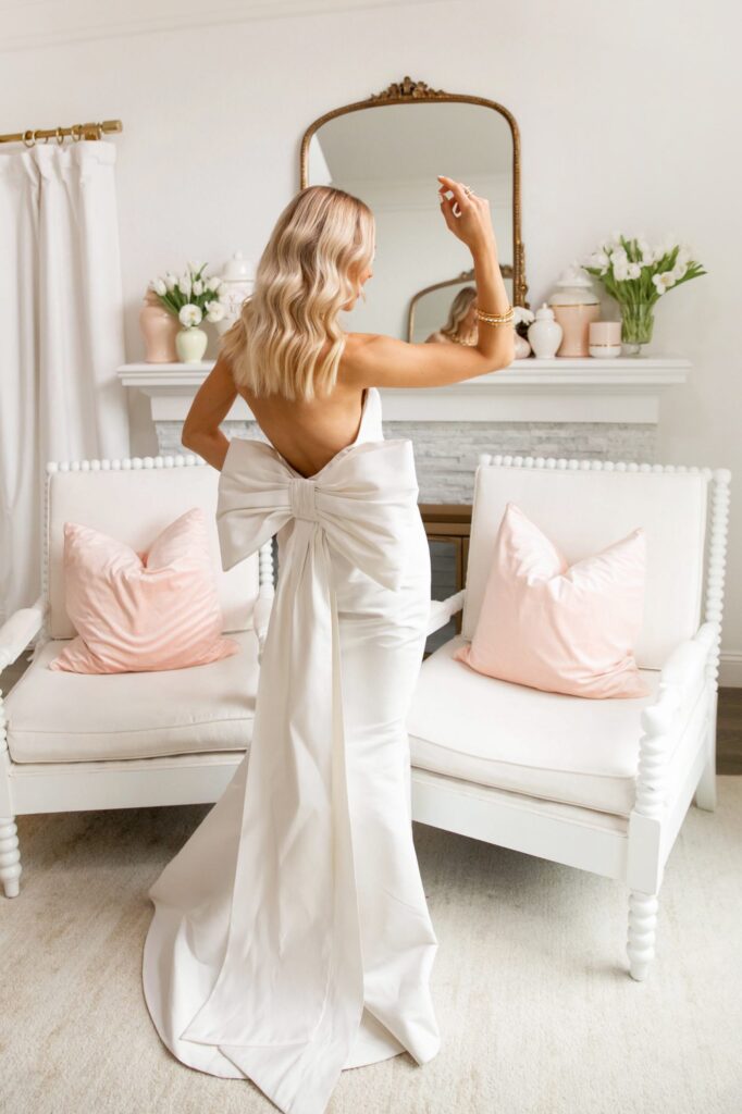 White dress round up for the bride. Wedding style inspiration Alexia Maria, white bow gown dress.