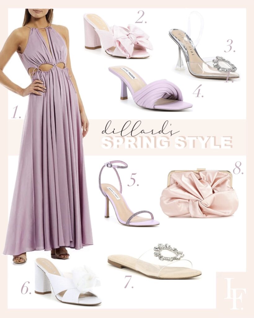 Dillard’s Naomi Sleeveless Halter Neck Side Cut out maxi dress in lilac and more spring dress style inspiration under $200. Wedding guest style, by Veronica Levy Lombard & Fifth.