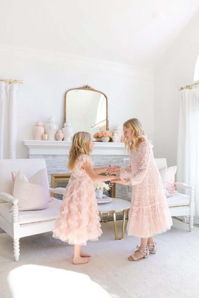 Matching mommy and me dresses from Needle &Thread, for bridesmaids, wedding guest style and spring. By Veronica Levy, Lombard & Fifth.