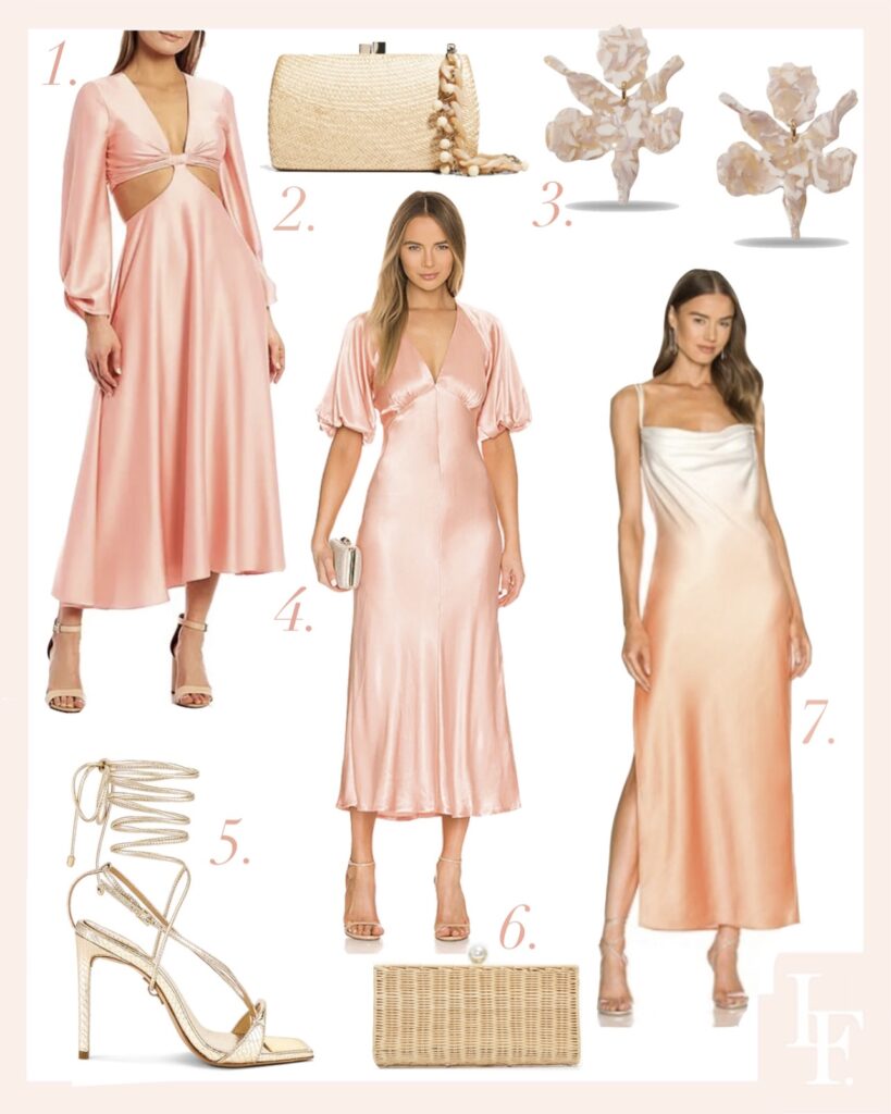 Dillard’s peach Madeline Satin Plunge V-Neck Long Blouson Sleeve Cinch Wrist dress and spring wedding guest style inspiration. By Veronica Levy Lombard & Fifth.