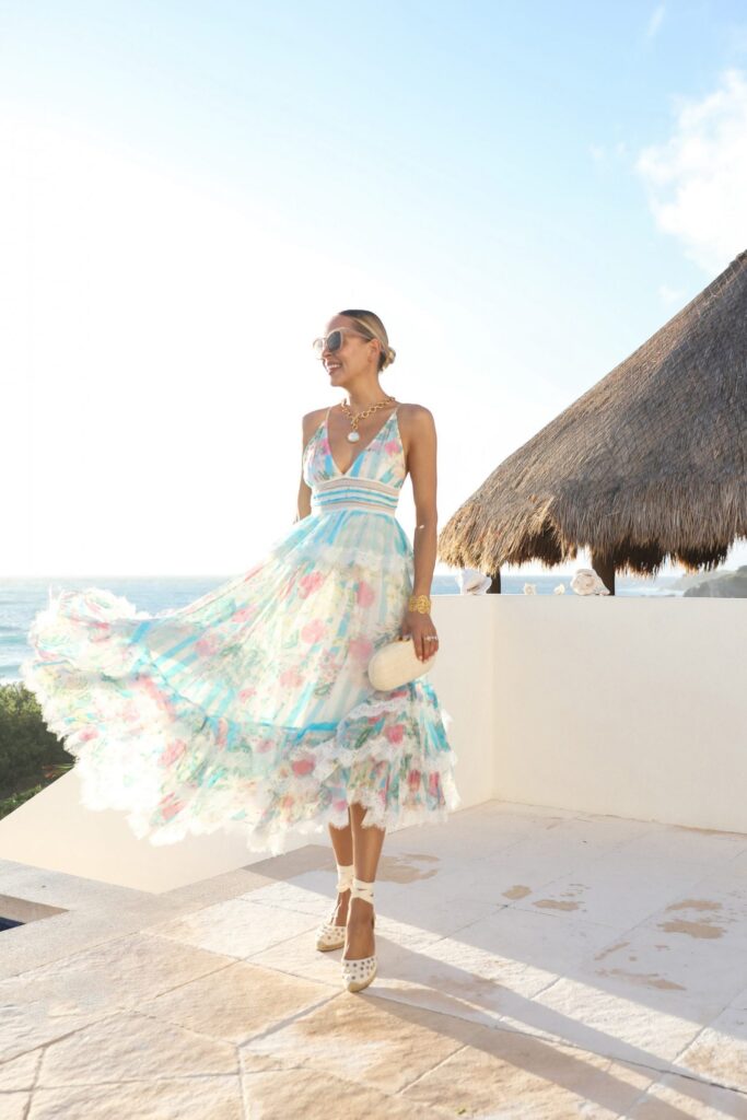 Isla Mujeres Mexico travel vacation style inspiration, Revolve rococo sand, Miss June metallic dress, by Veronica Levy Lombard & Fifth.