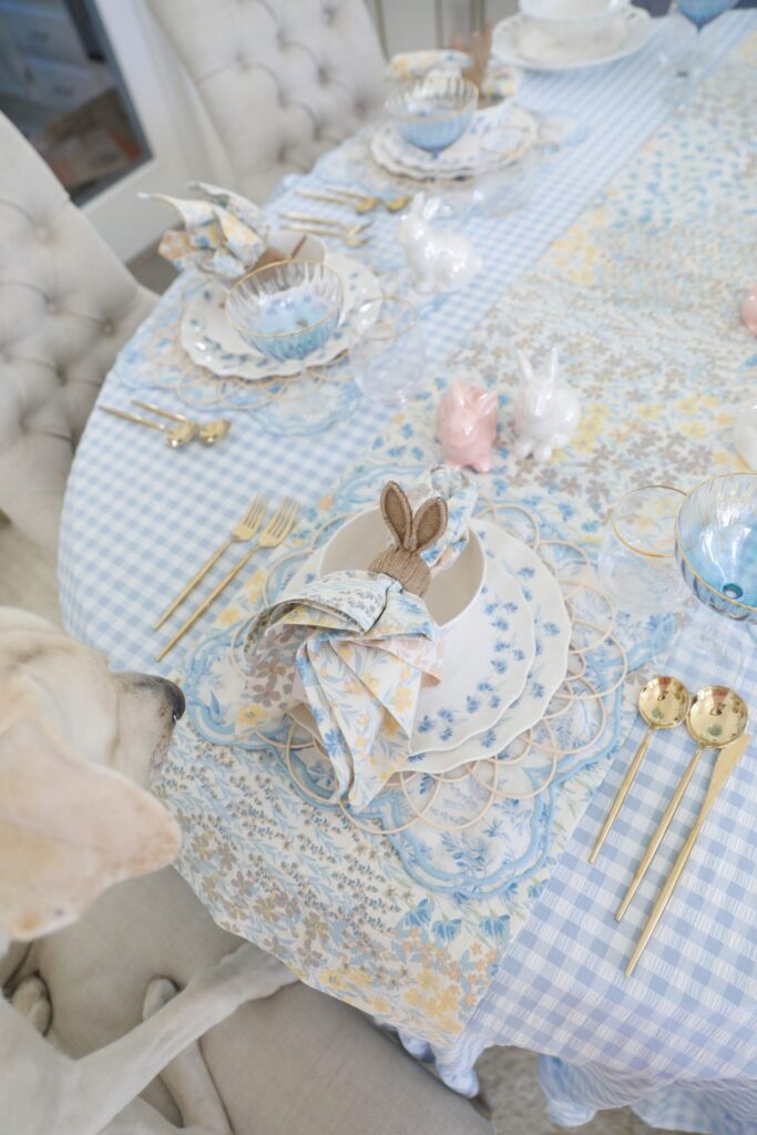 Beautiful blue, white, and pink Easter table setting by Lombard and Fifth, Veronica Levy.