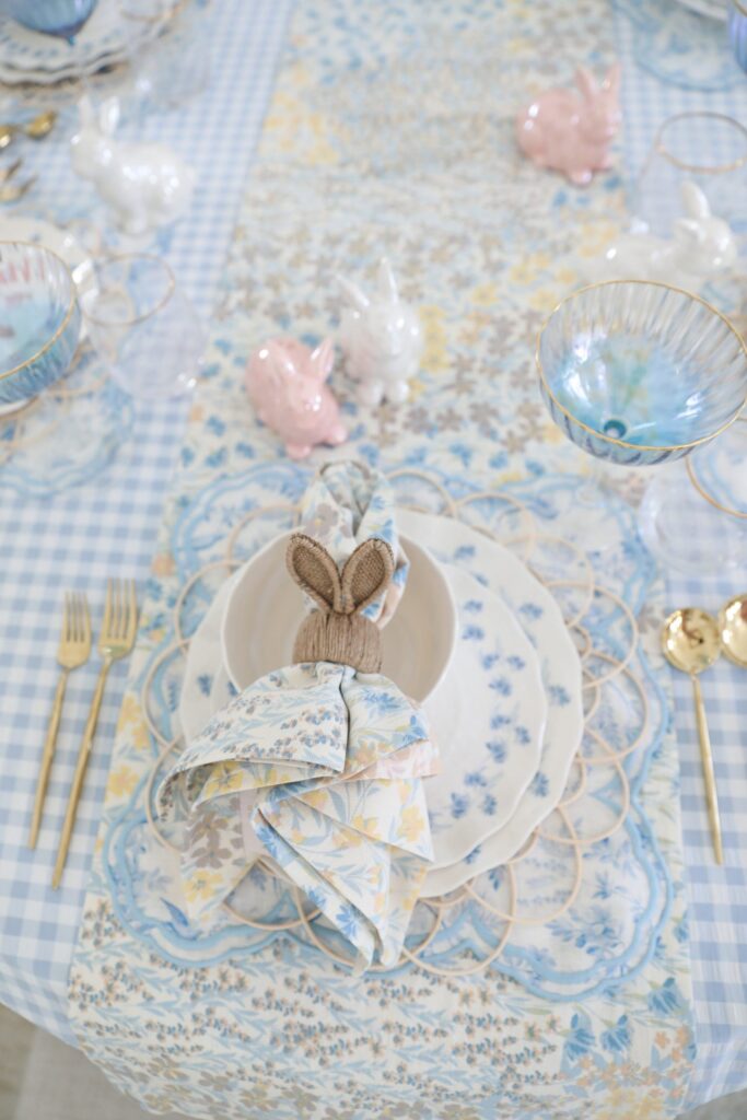 Beautiful blue, white, and pink Easter table setting by Lombard and Fifth, Veronica Levy.
