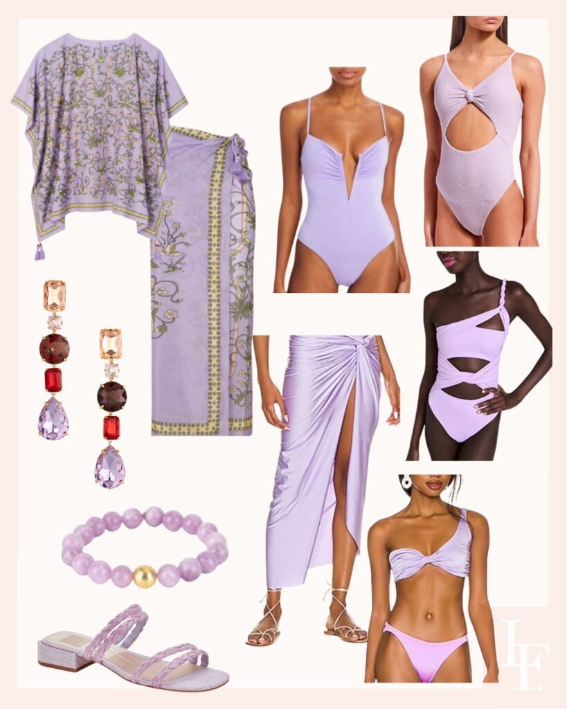 Isla Mujeres Lilac swimsuit round up, vacation travel style inspiration. By Veronica Levy, Lombard and Fifth.