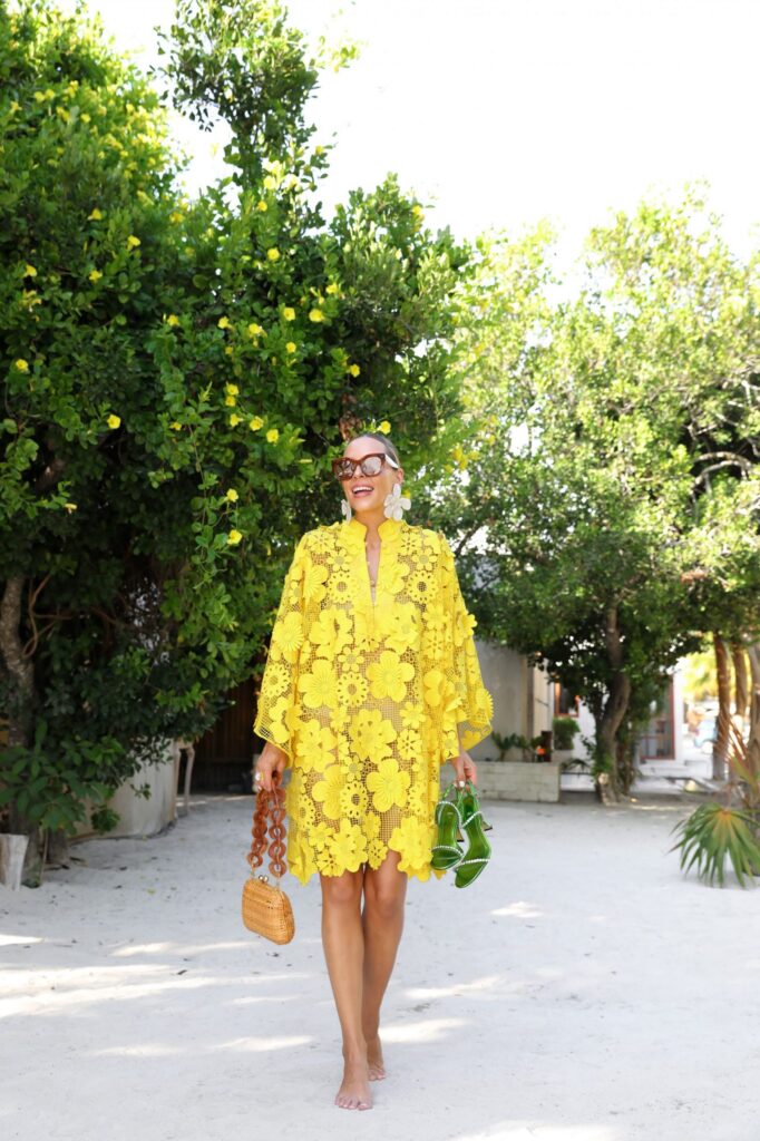 Yellow lace kaftan La Vie Style House, and colorful favorites for summer style inspiration orange, yellow, light green, light pink. By Veronica Levy, Lombard & Fifth.