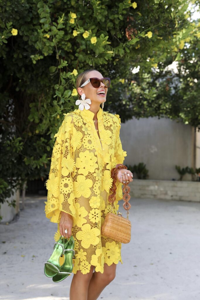 Yellow lace kaftan La Vie Style House, and colorful favorites for summer style inspiration orange, yellow, light green, light pink. By Veronica Levy, Lombard & Fifth.