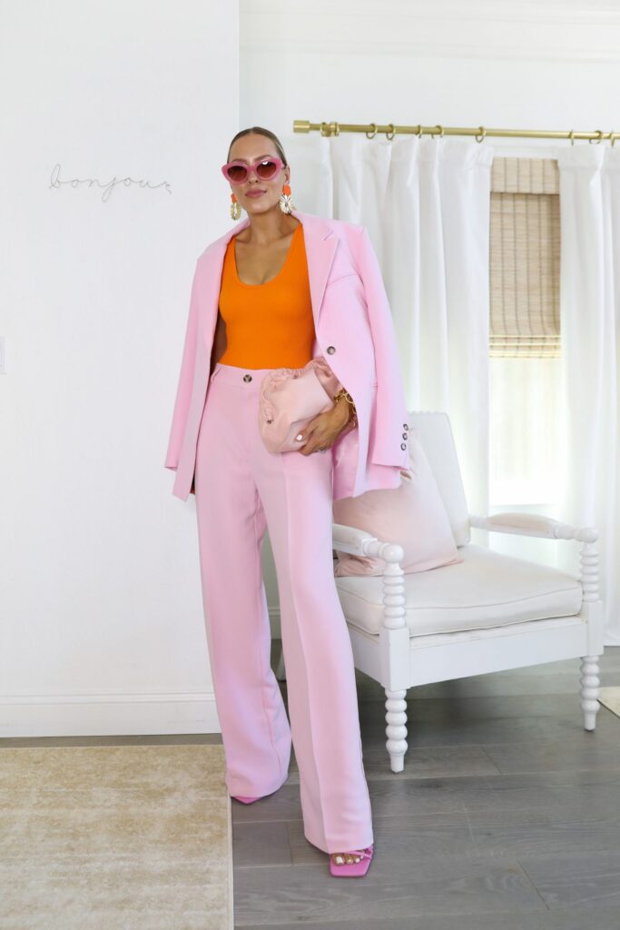 Zara Lime green suit, Light pink blazer and full-length pants with Aje light pink dress. How to style bright colors for summer. By Veronica Levy, Lombard & Fifth.