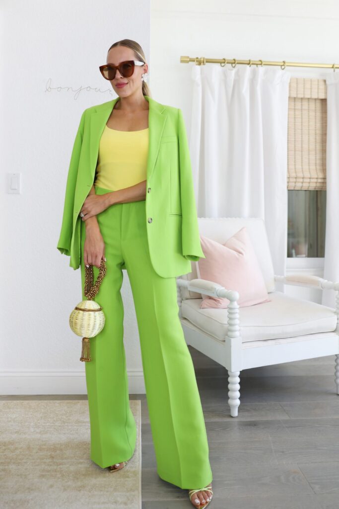 Zara Lime green suit, Light pink blazer and full-length pants with Aje light pink dress. How to style bright colors for summer. By Veronica Levy, Lombard & Fifth.