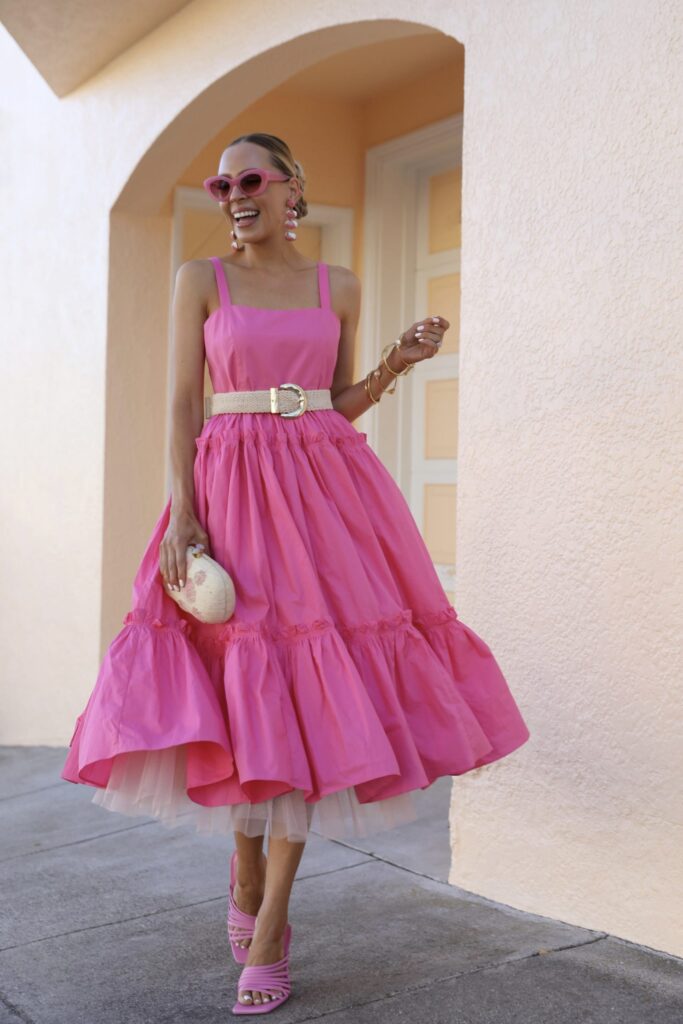 Pink dresses, suits, accessories, jewelry style inspiration for summer. Zara, Anthropologie, Aje, Nordstrom, by Veronica Levy Lombard & Fifth.