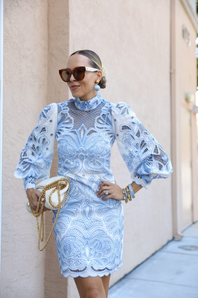 Karen Millen cutwork mini lace dress light blue, and summer lace style inspiration by Veronica Levy, Lombard & Fifth.