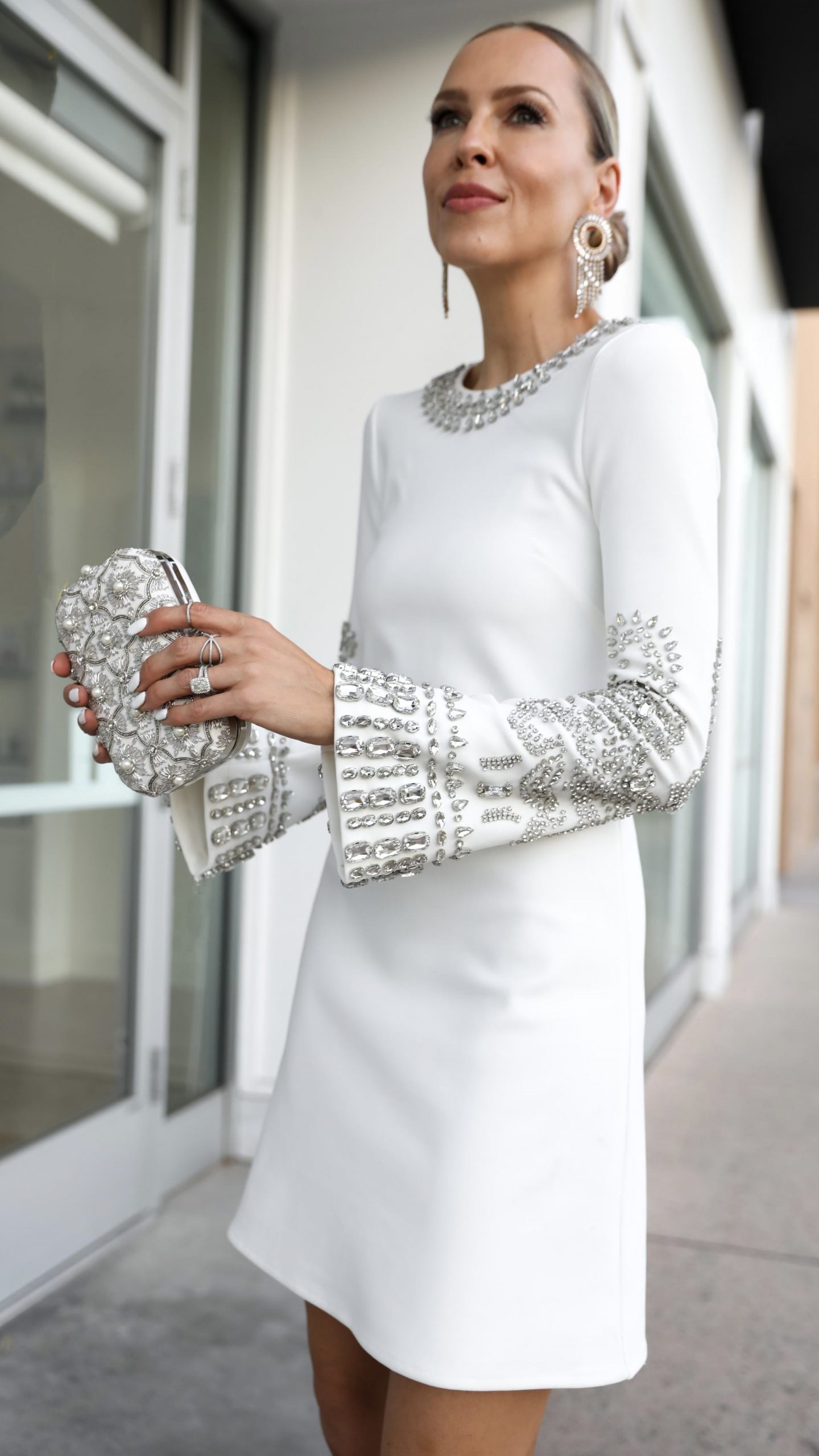 Karen Millen Embellished Detail Figure Form Crepe Mini Dress, wedding style inspiration, beaded dresses. By Veronica Levy, Lombard & Fifth.